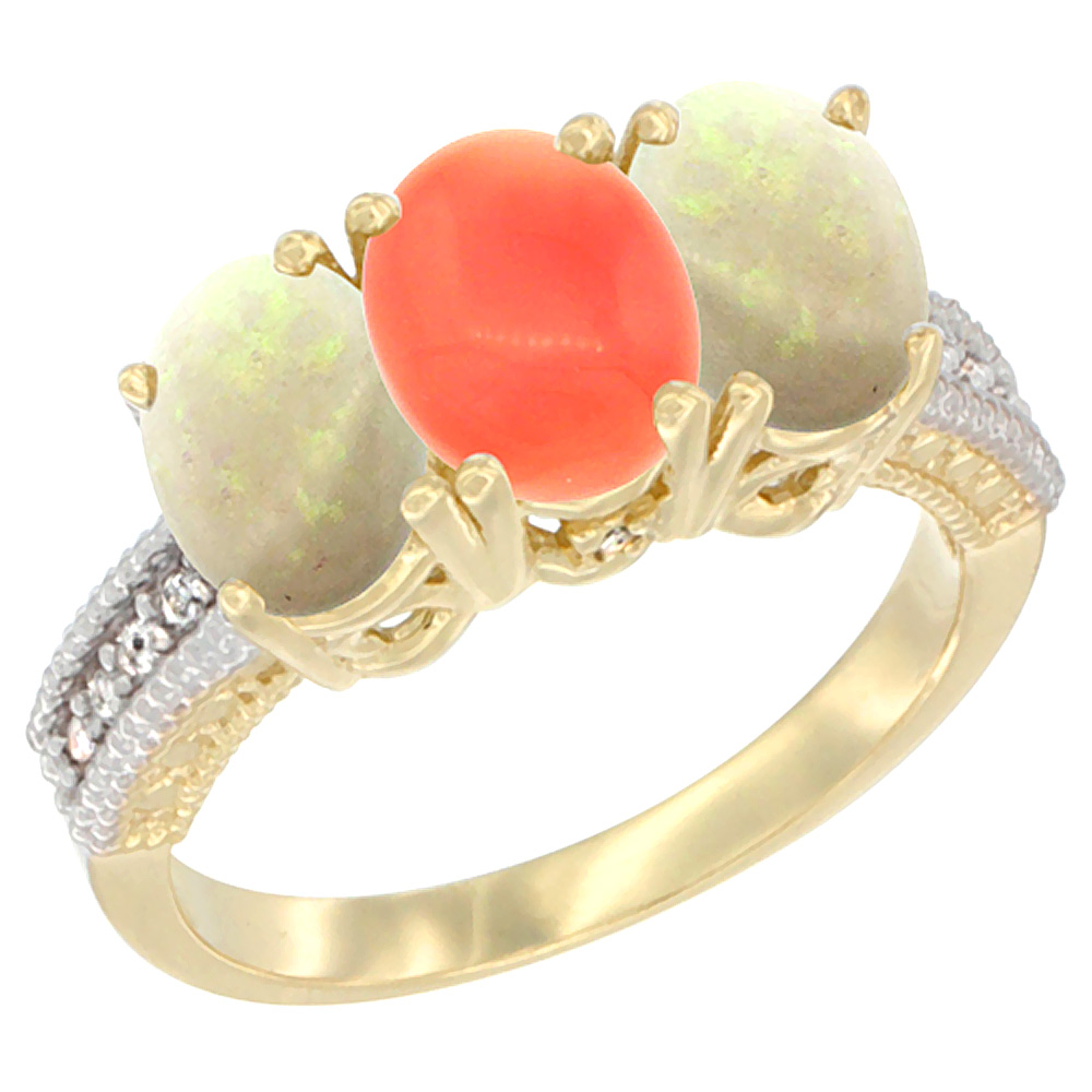 Sabrina Silver 14K Yellow Gold Natural Coral & Opal Sides Ring 3-Stone 7x5 mm Oval Diamond Accent, sizes 5 - 10
