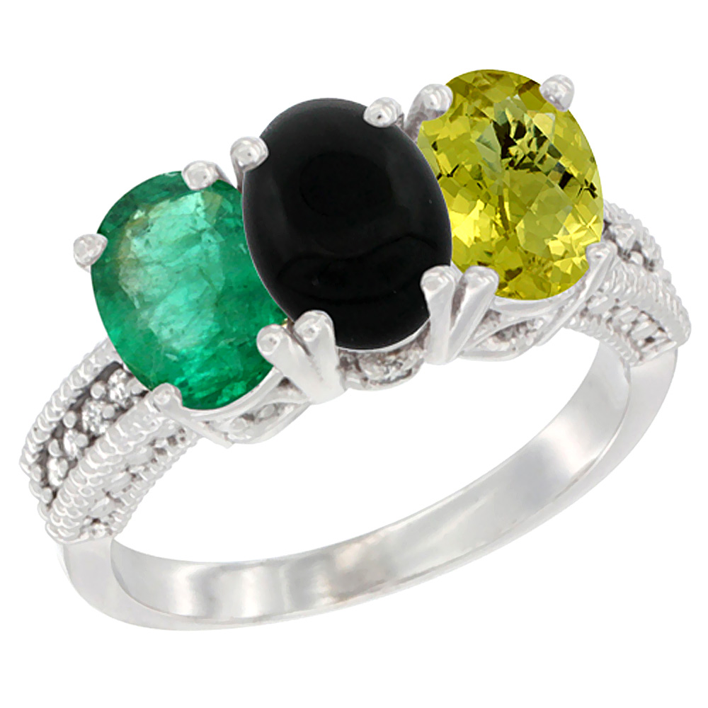 Sabrina Silver 10K White Gold Diamond Natural Emerald, Black Onyx & Lemon Quartz Ring 3-Stone 7x5 mm Oval, sizes 5 - 10