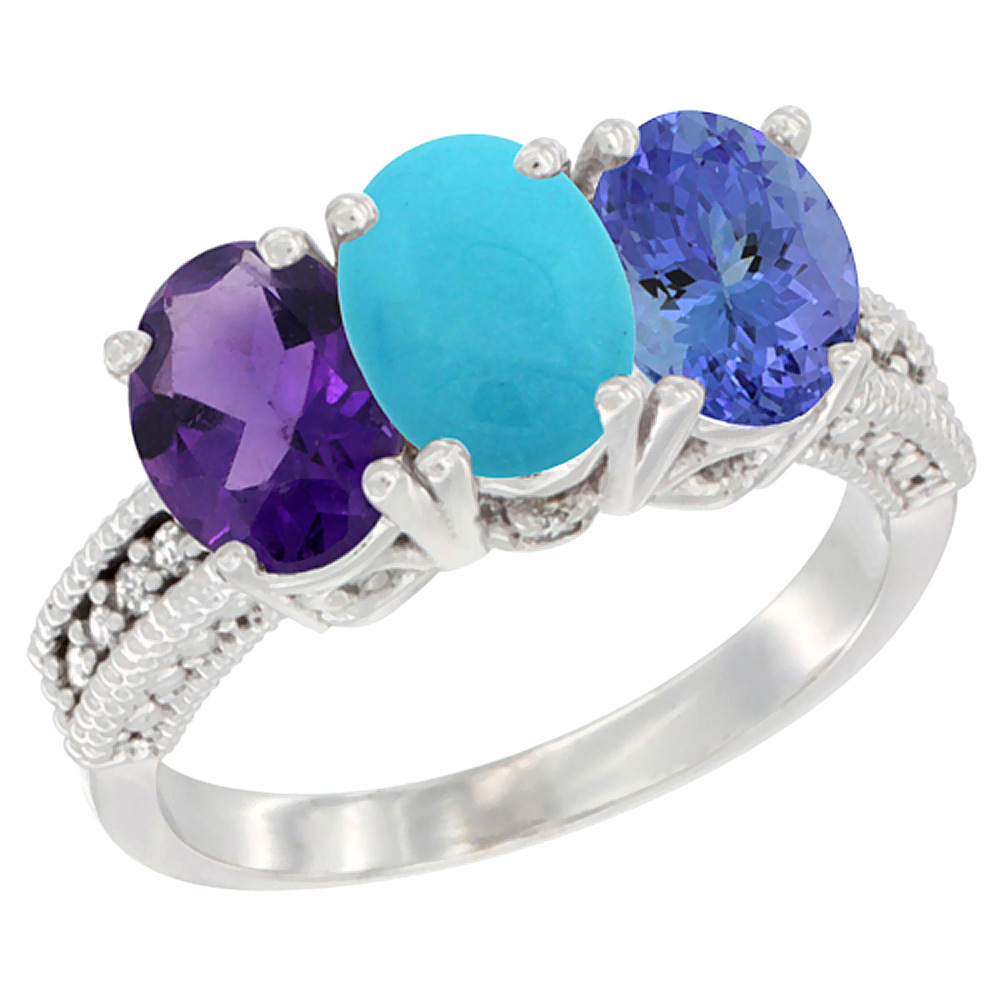 Sabrina Silver 14K White Gold Natural Amethyst, Turquoise & Tanzanite Ring 3-Stone 7x5 mm Oval Diamond Accent, sizes 5 - 10