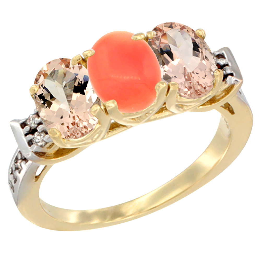 Sabrina Silver 14K Yellow Gold Natural Coral & Morganite Sides Ring 3-Stone Oval 7x5 mm Diamond Accent, sizes 5 - 10