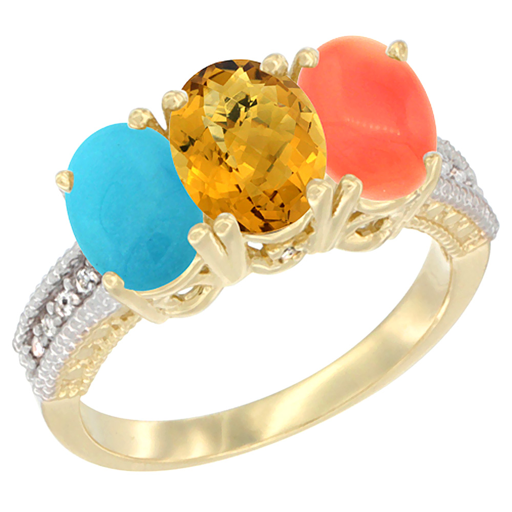 Sabrina Silver 10K Yellow Gold Diamond Natural Turquoise, Whisky Quartz & Coral Ring 3-Stone 7x5 mm Oval, sizes 5 - 10