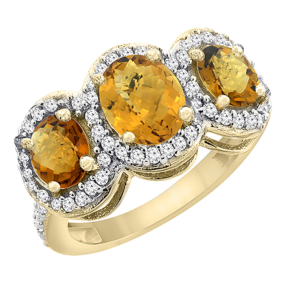 Sabrina Silver 10K Yellow Gold Natural Whisky Quartz 3-Stone Ring Oval Diamond Accent, sizes 5 - 10
