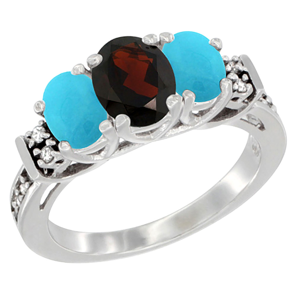 Sabrina Silver 10K White Gold Natural Garnet & Turquoise Ring 3-Stone Oval Diamond Accent, sizes 5-10