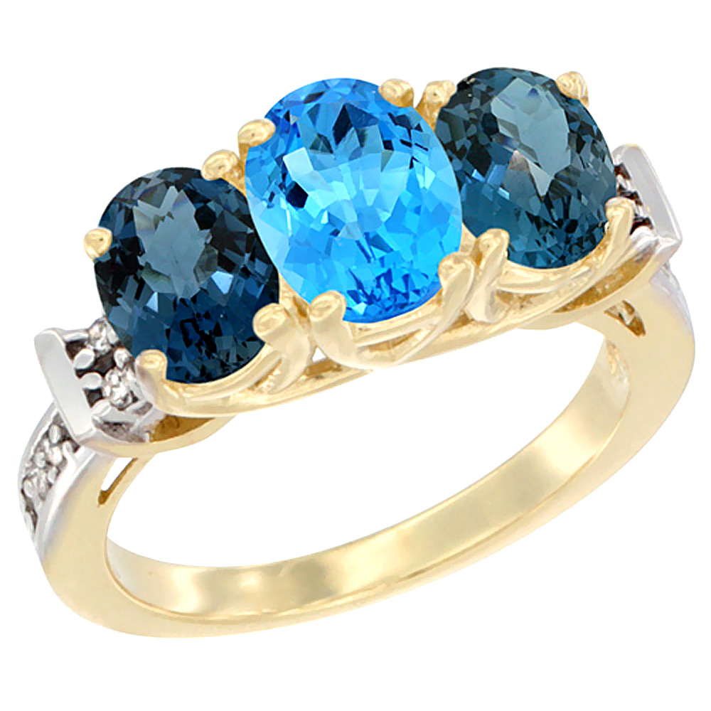 Sabrina Silver 10K Yellow Gold Natural Swiss Blue Topaz & London Blue Topaz Sides Ring 3-Stone Oval Diamond Accent, sizes 5 - 10