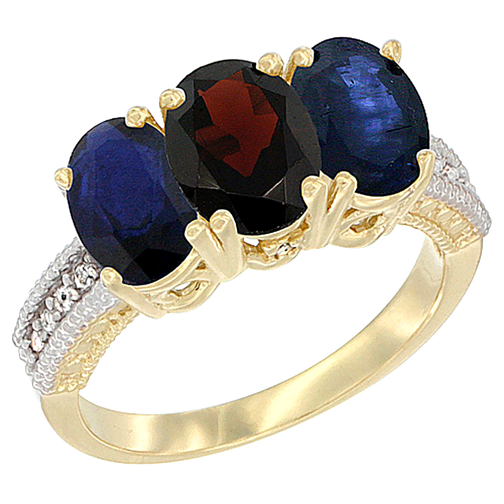 Sabrina Silver 14K Yellow Gold Natural Garnet & Blue Sapphire Sides Ring 3-Stone 7x5 mm Oval Diamond Accent, sizes 5 - 10