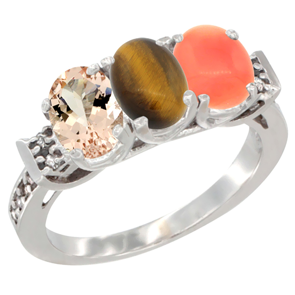 Sabrina Silver 14K White Gold Natural Morganite, Tiger Eye & Coral Ring 3-Stone Oval 7x5 mm Diamond Accent, sizes 5 - 10