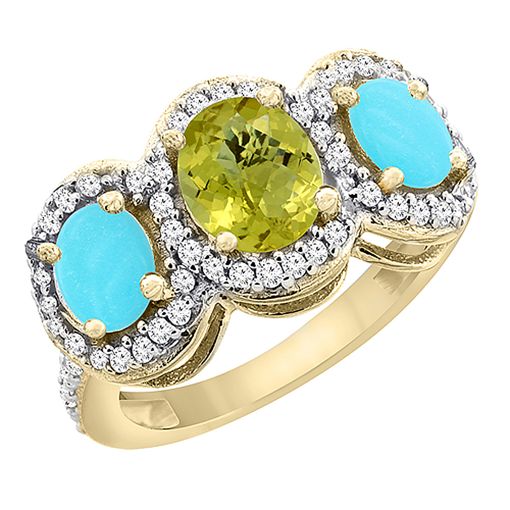 Sabrina Silver 10K Yellow Gold Natural Lemon Quartz & Turquoise 3-Stone Ring Oval Diamond Accent, sizes 5 - 10