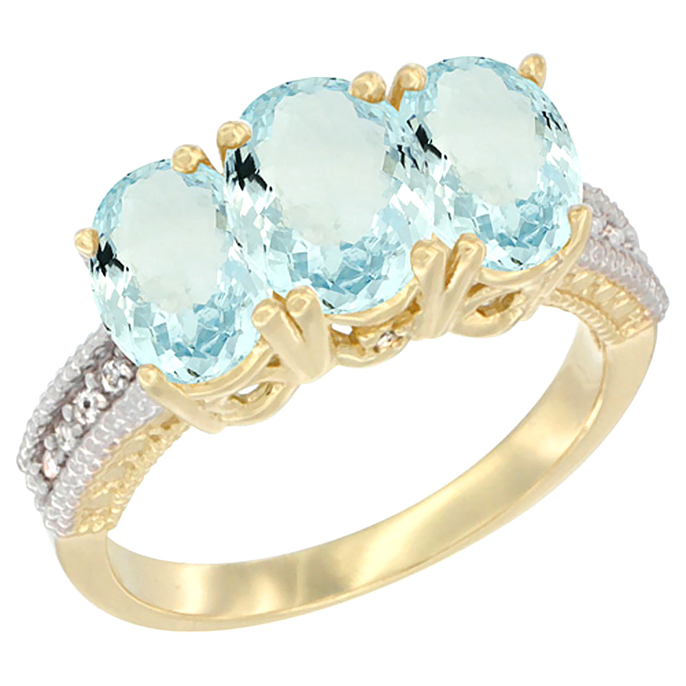 Sabrina Silver 14K Yellow Gold Natural Aquamarine Ring 3-Stone Oval 7x5 mm Diamond Accent, sizes 5 - 10