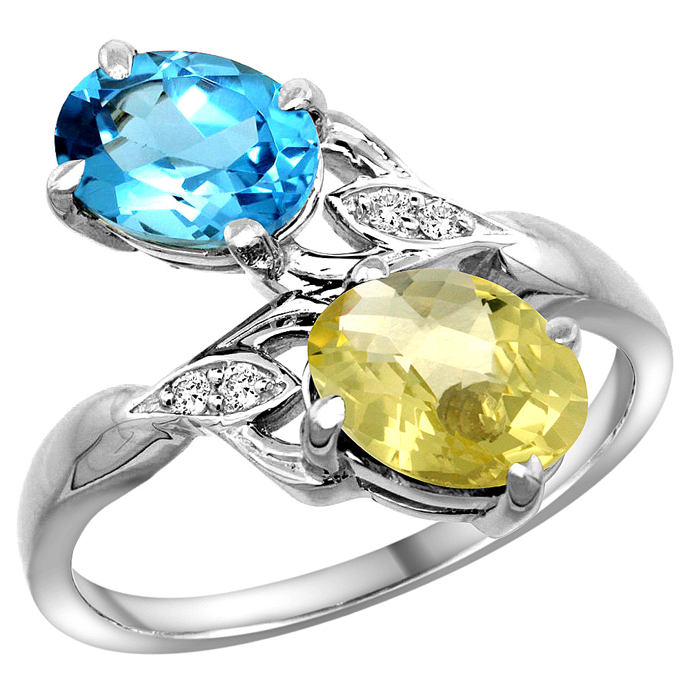 Sabrina Silver 10K White Gold Diamond Natural Swiss Blue Topaz & Lemon Quartz 2-stone Ring Oval 8x6mm, sizes 5 - 10