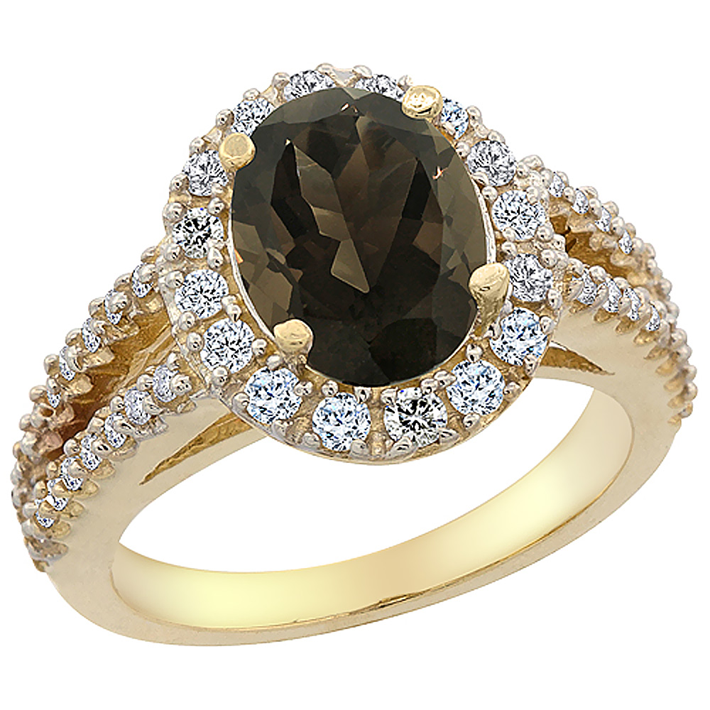 Sabrina Silver 10K Yellow Gold Diamond Natural Smoky Topaz Engagement Ring Oval 10x8mm, sizes 5-10
