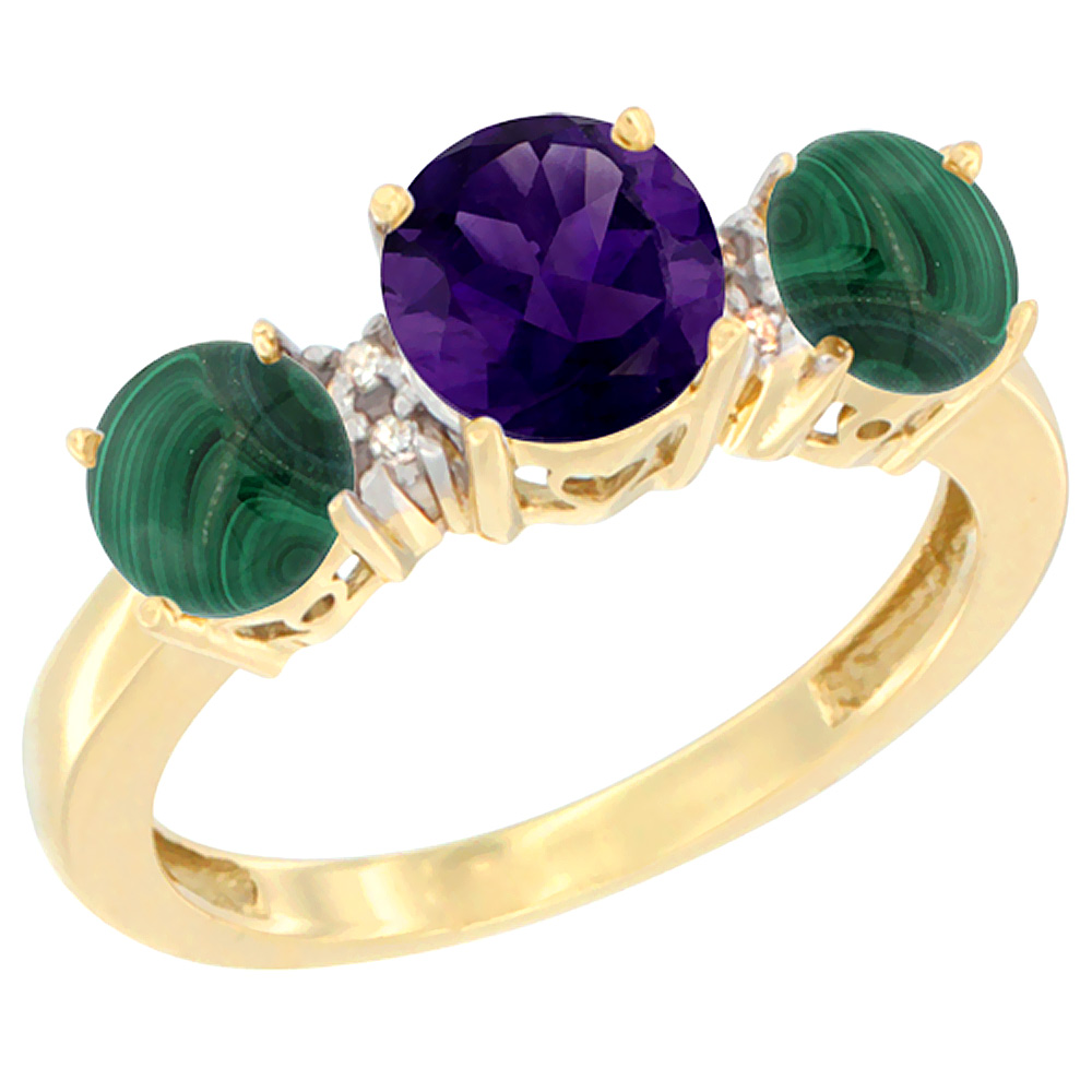 Sabrina Silver 10K Yellow Gold Round 3-Stone Natural Amethyst Ring & Malachite Sides Diamond Accent, sizes 5 - 10