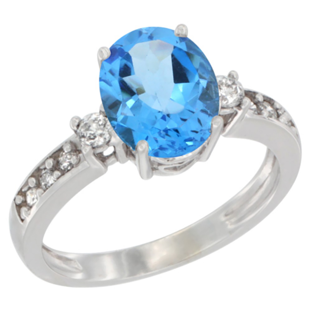 Sabrina Silver 10K White Gold Genuine Blue Topaz Ring Oval 9x7 mm Diamond Accent sizes 5 - 10
