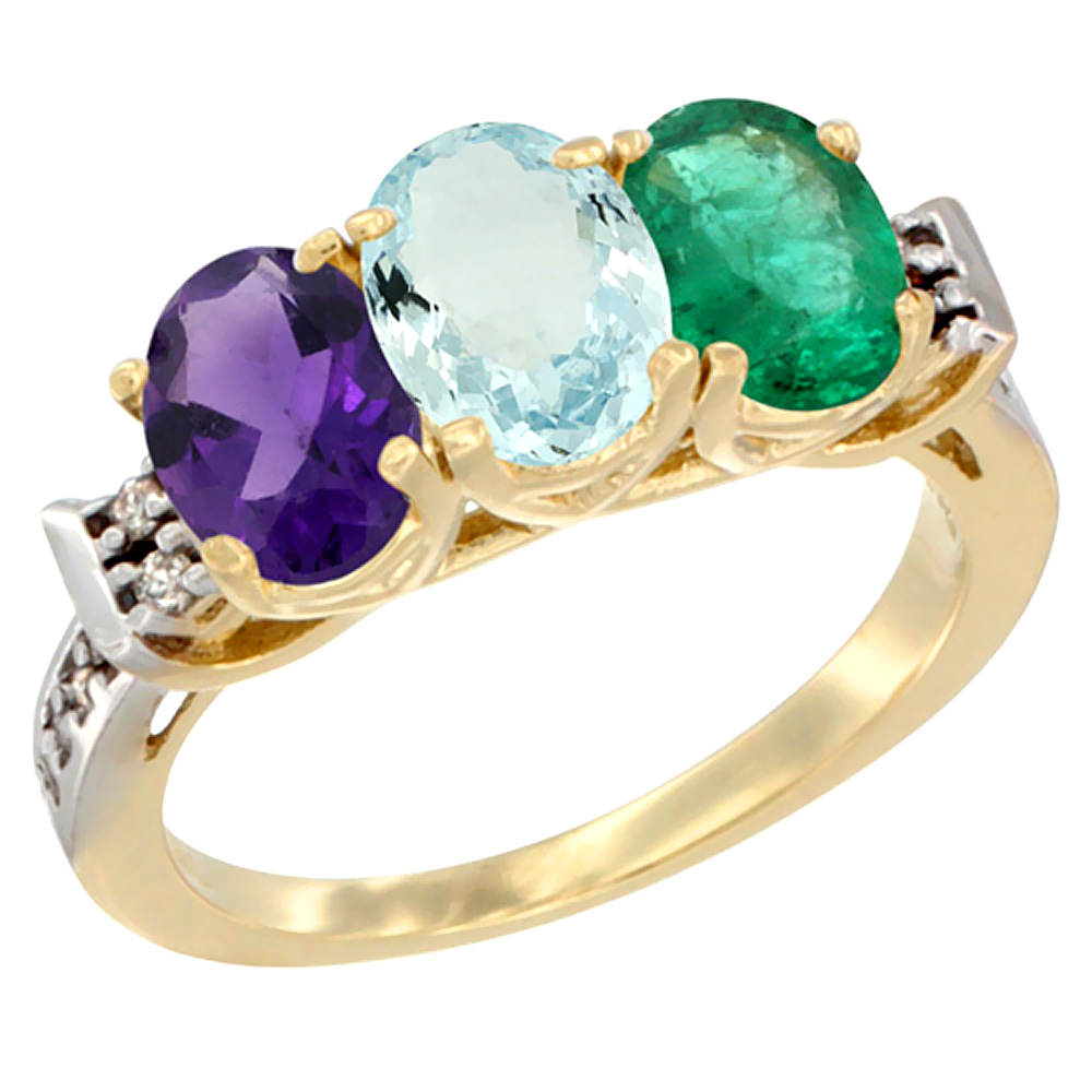 Sabrina Silver 14K Yellow Gold Natural Amethyst, Aquamarine & Emerald Ring 3-Stone 7x5 mm Oval Diamond Accent, sizes 5 - 10