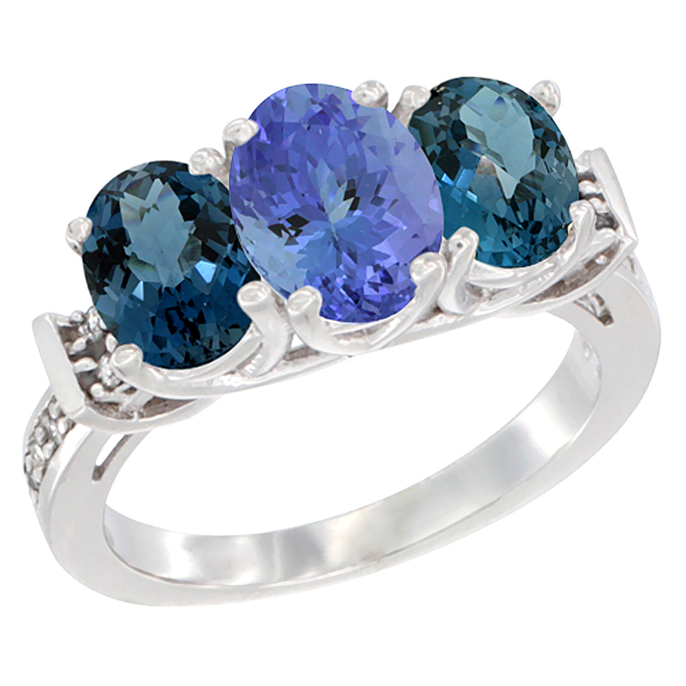 Sabrina Silver 10K White Gold Natural Tanzanite & London Blue Topaz Sides Ring 3-Stone Oval Diamond Accent, sizes 5 - 10