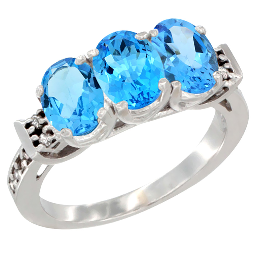 Sabrina Silver 10K White Gold Natural Swiss Blue Topaz Ring 3-Stone Oval 7x5 mm Diamond Accent, sizes 5 - 10