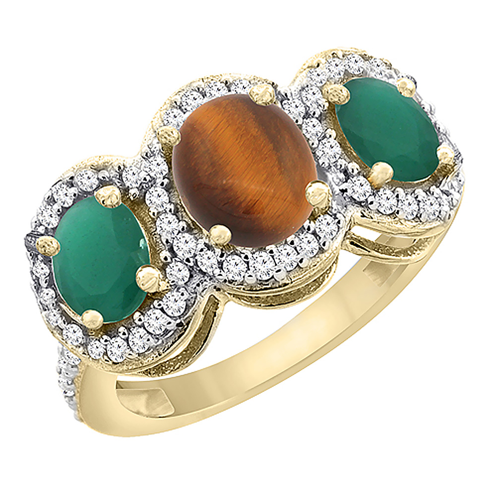 Sabrina Silver 14K Yellow Gold Natural Tiger Eye & Emerald 3-Stone Ring Oval Diamond Accent, sizes 5 - 10