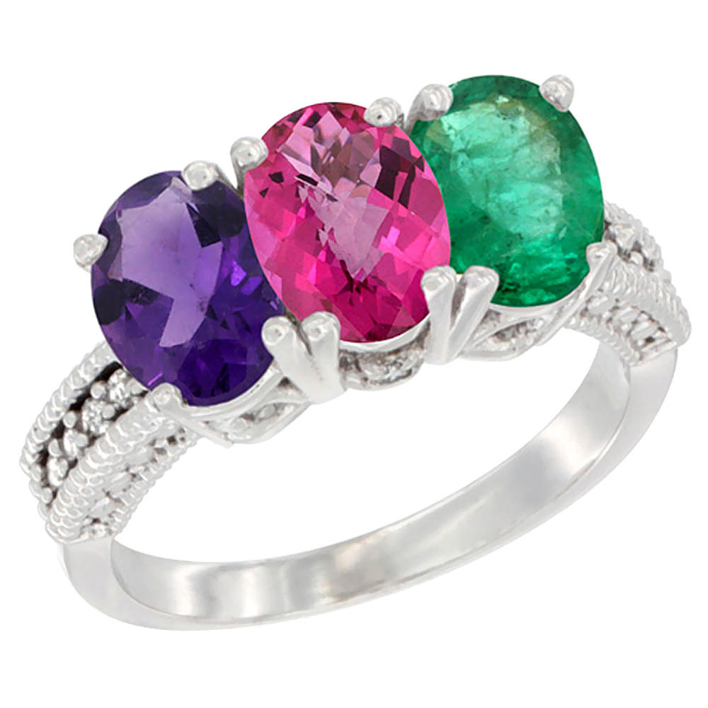Sabrina Silver 14K White Gold Natural Amethyst, Pink Topaz & Emerald Ring 3-Stone 7x5 mm Oval Diamond Accent, sizes 5 - 10