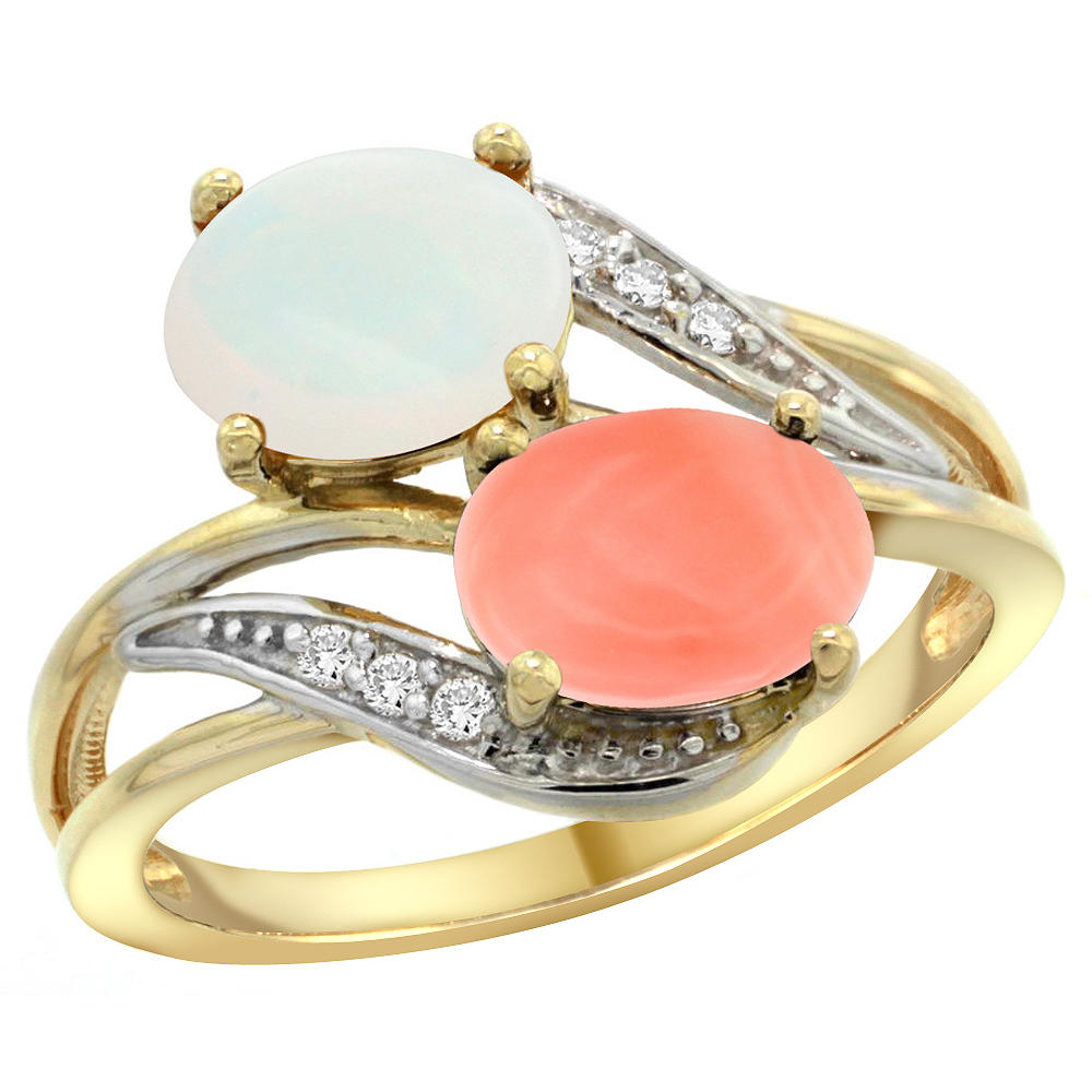 Sabrina Silver 14K Yellow Gold Diamond Natural Opal & Coral 2-stone Ring Oval 8x6mm, sizes 5 - 10