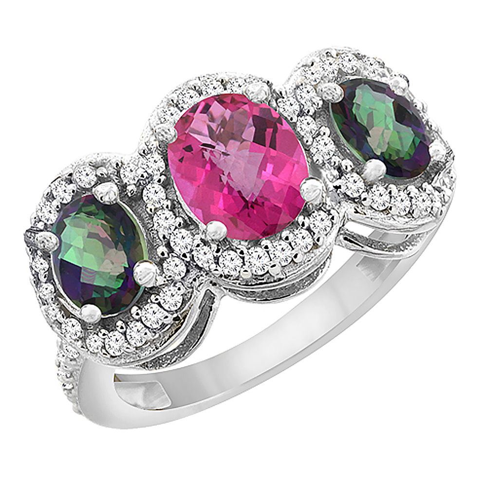 Sabrina Silver 10K White Gold Natural Pink Topaz & Mystic Topaz 3-Stone Ring Oval Diamond Accent, sizes 5 - 10