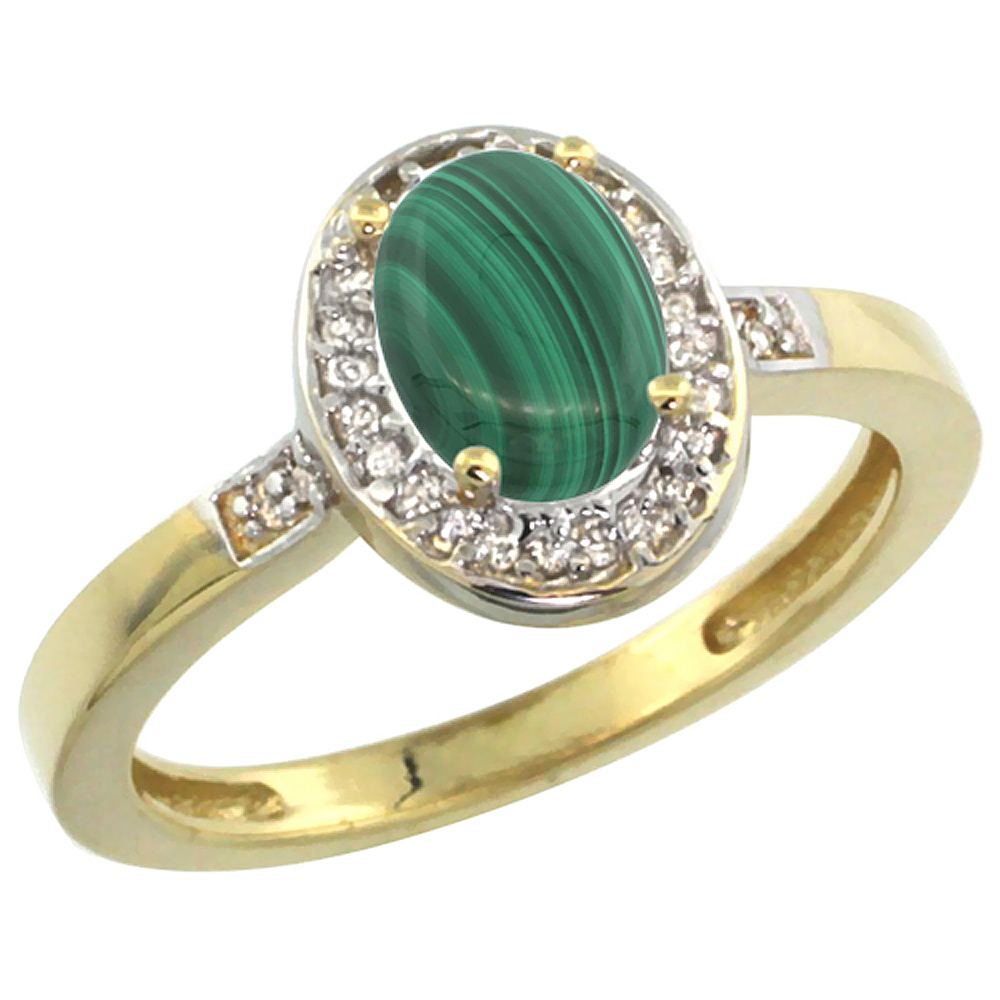 Sabrina Silver 14K Yellow Gold Diamond Natural Malachite Engagement Ring Oval 7x5mm, sizes 5-10
