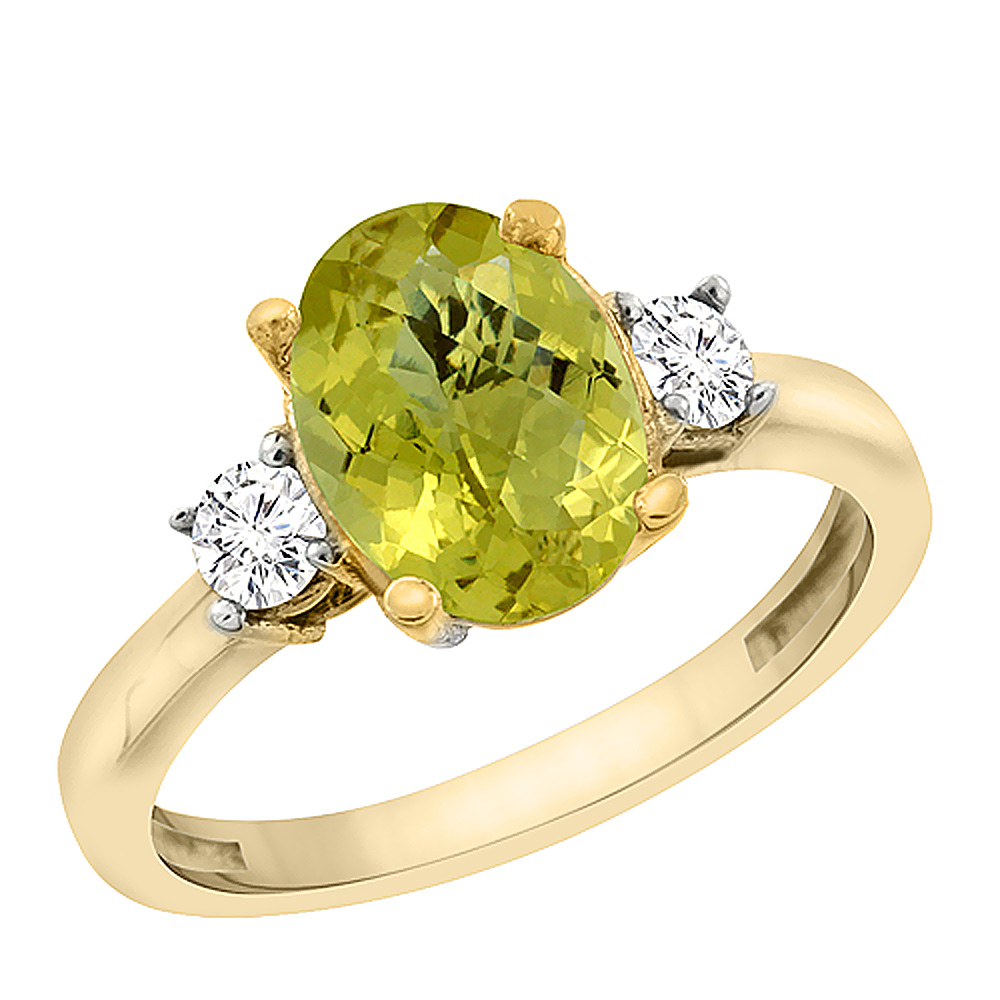Sabrina Silver 10K Yellow Gold Natural Lemon Quartz Engagement Ring Oval 10x8 mm Diamond Sides, sizes 5 - 10