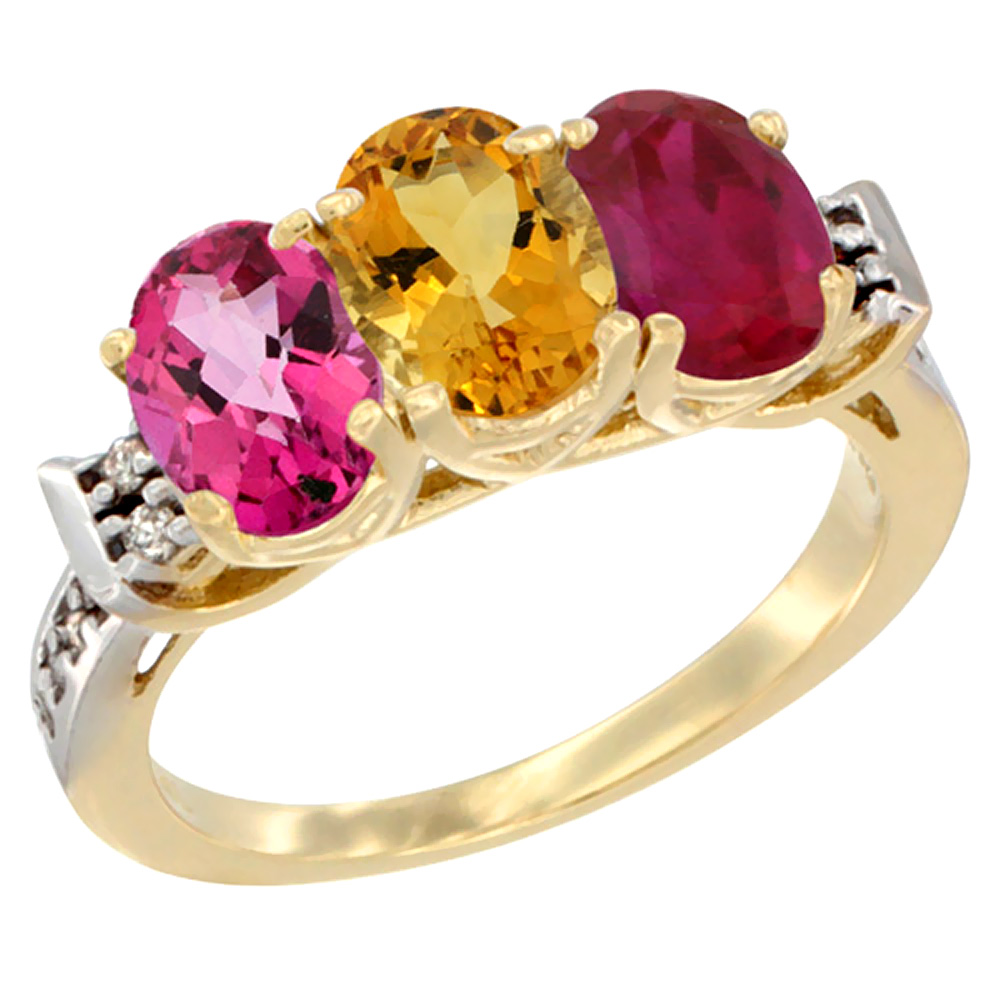 Sabrina Silver 14K Yellow Gold Natural Pink Topaz, Citrine & Enhanced Ruby Ring 3-Stone 7x5 mm Oval Diamond Accent, sizes 5 - 10