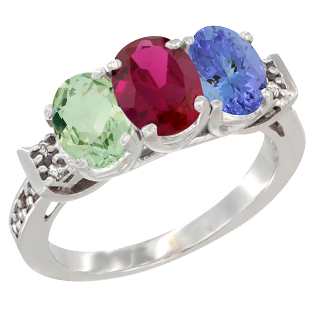 Sabrina Silver 10K White Gold Natural Green Amethyst, Enhanced Ruby & Natural Tanzanite Ring 3-Stone Oval 7x5 mm Diamond Accent, sizes 5 - 10