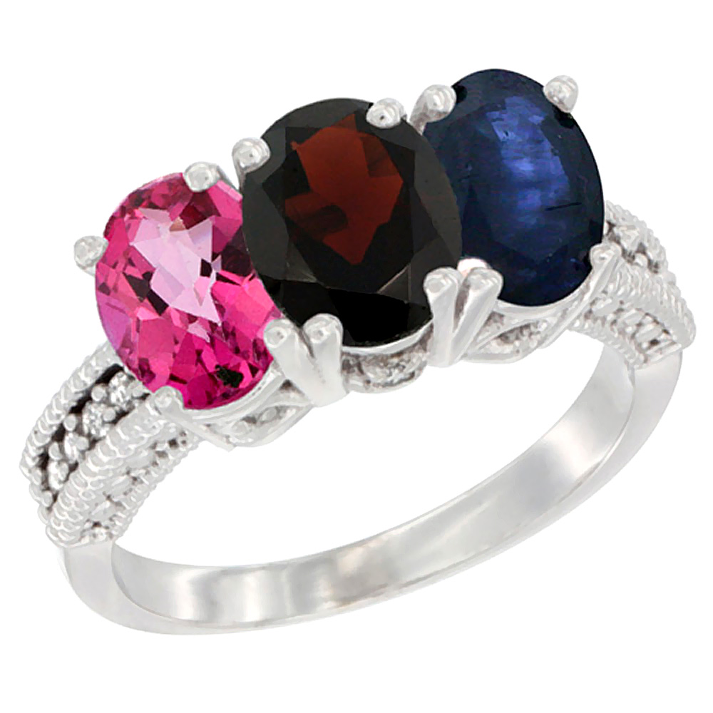 Sabrina Silver 10K White Gold Natural Pink Topaz, Garnet & Blue Sapphire Ring 3-Stone Oval 7x5 mm Diamond Accent, sizes 5 - 10