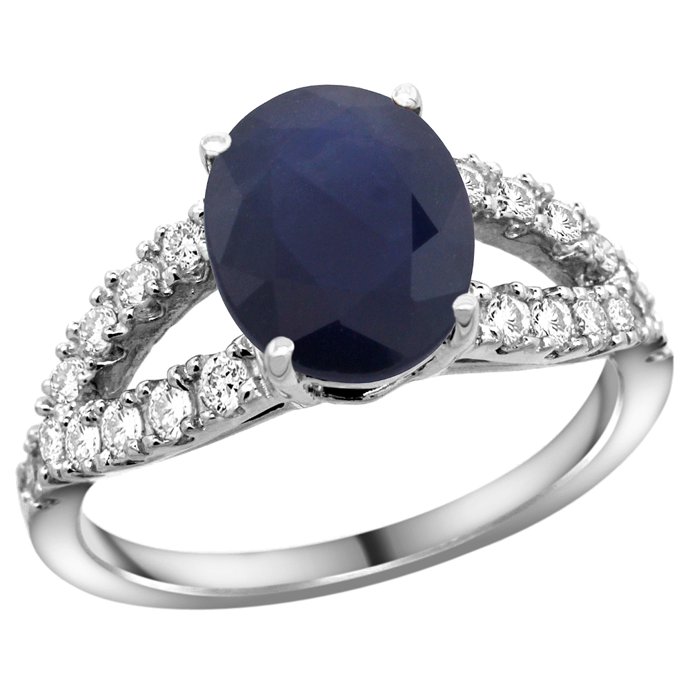 Sabrina Silver 14k White Gold Natural Blue Sapphire Ring Oval 10x8mm Diamond Accent, 3/8inch wide, sizes 5 - 10