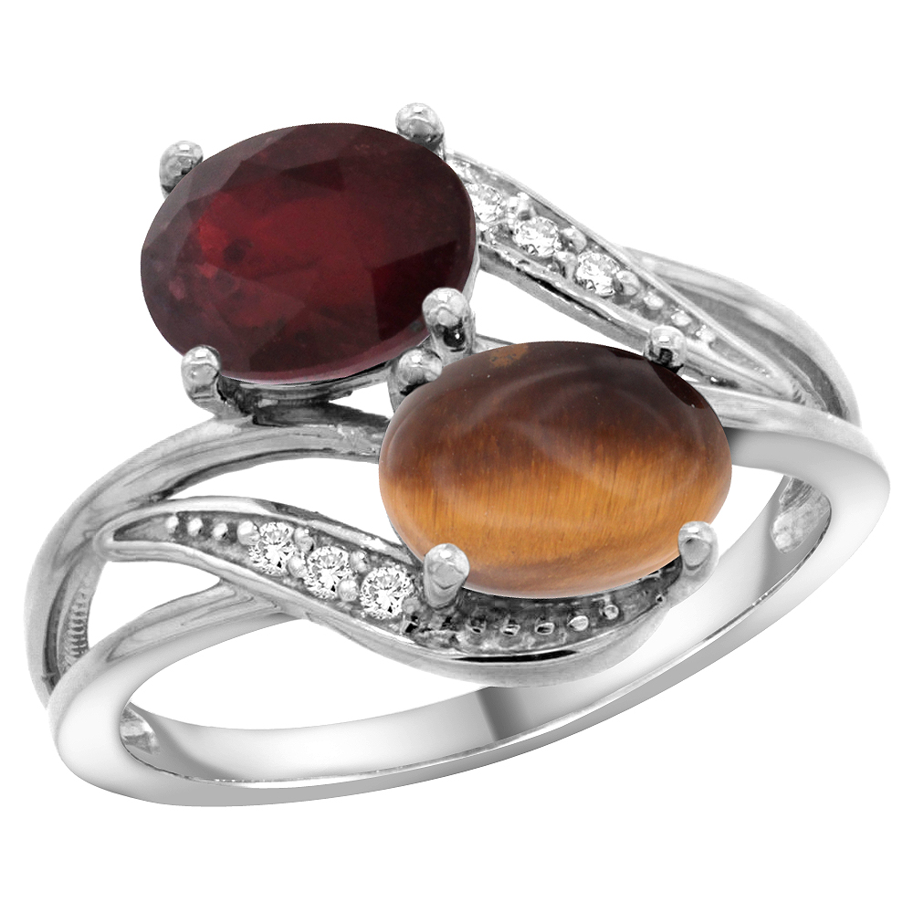 Sabrina Silver 10K White Gold Diamond Enhanced Ruby & Natural Tiger Eye 2-stone Ring Oval 8x6mm, sizes 5 - 10