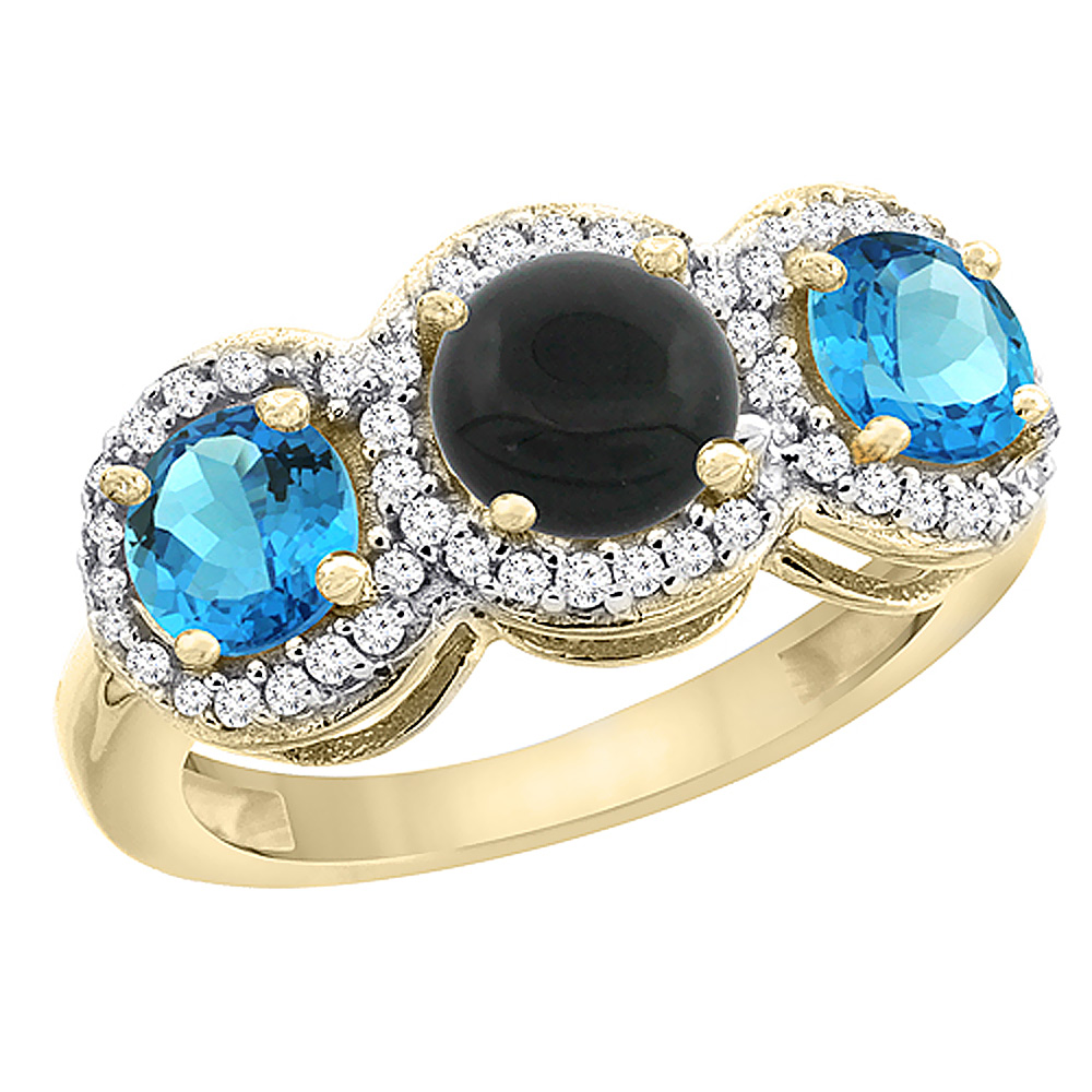 Sabrina Silver 10K Yellow Gold Natural Black Onyx & Swiss Blue Topaz Sides Round 3-stone Ring Diamond Accents, sizes 5 - 10