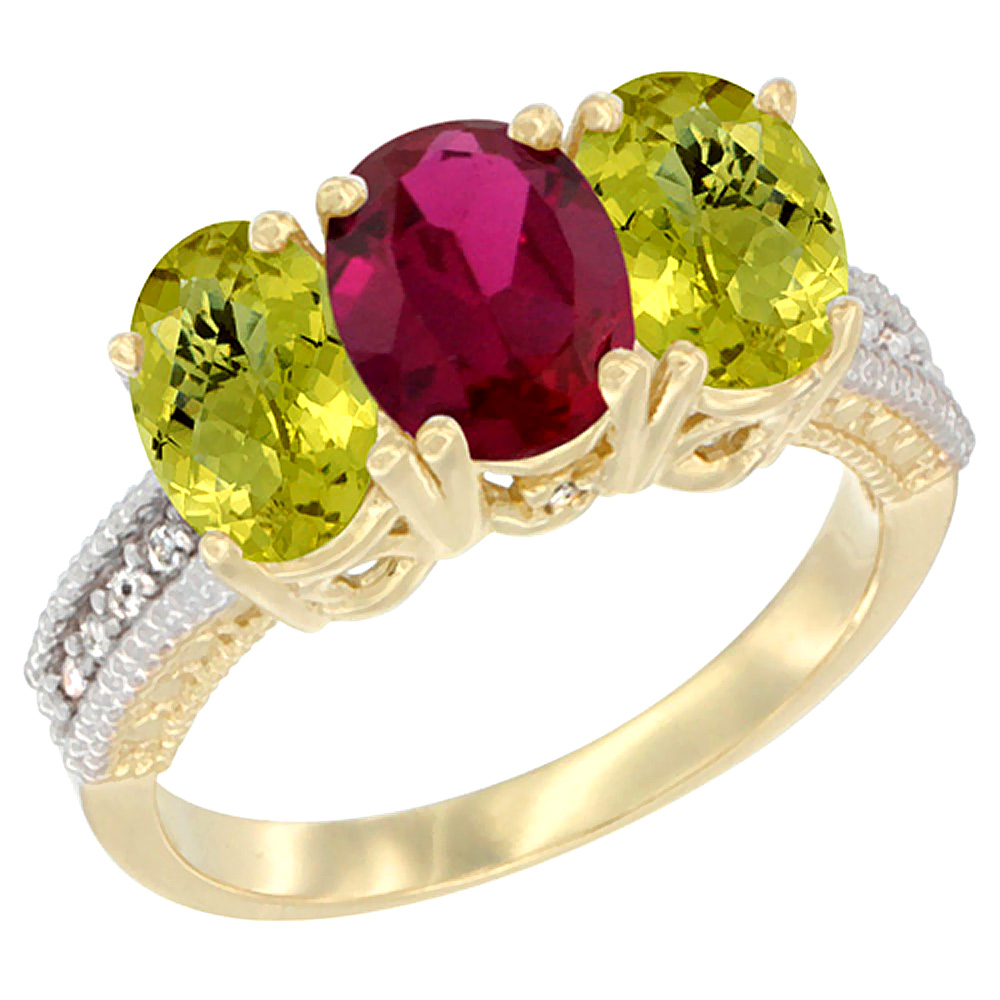 Sabrina Silver 10K Yellow Gold Diamond Enhanced Ruby & Natural Lemon Quartz Ring 3-Stone 7x5 mm Oval, sizes 5 - 10