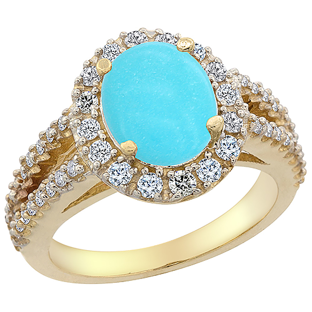 Sabrina Silver 10K Yellow Gold Natural Diamond Sleeping Beauty Turquoise Engagement Ring Oval 10x8mm, sizes 5-10