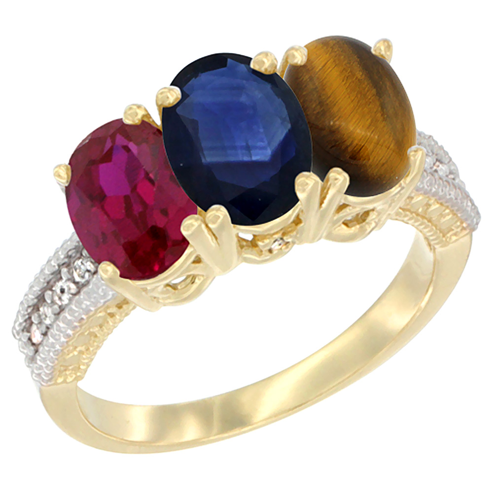 Sabrina Silver 10K Yellow Gold Enhanced Ruby, Natural Blue Sapphire & Tiger Eye Ring 3-Stone Oval 7x5 mm, sizes 5 - 10