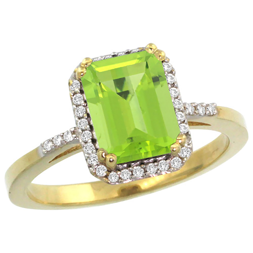 Sabrina Silver 14K Yellow Gold Diamond Natural Peridot Ring Emerald-cut 8x6mm, sizes 5-10