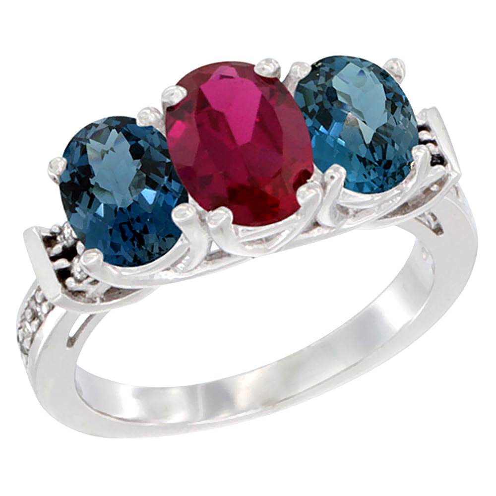 Sabrina Silver 10K White Gold Enhanced Ruby & London Blue Topaz Sides Ring 3-Stone Oval Diamond Accent, sizes 5 - 10