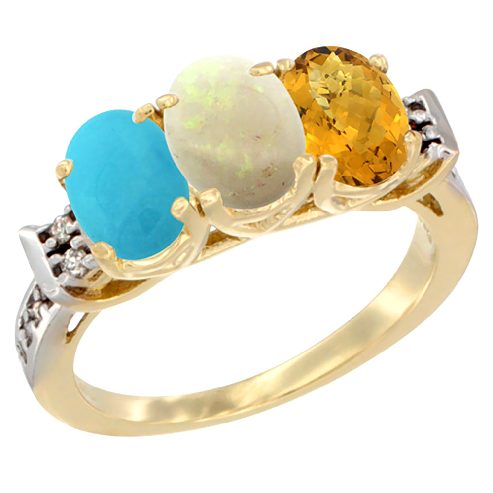 Sabrina Silver 10K Yellow Gold Natural Blue Sapphire, Opal & Whisky Quartz Ring 3-Stone Oval 7x5 mm Diamond Accent, sizes 5 - 10