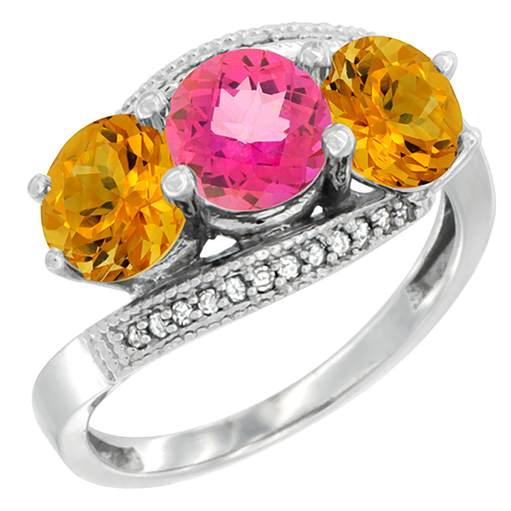 Sabrina Silver 10K White Gold Natural Pink Topaz & Citrine Sides 3 stone Ring Round 6mm Diamond Accent, sizes 5 - 10