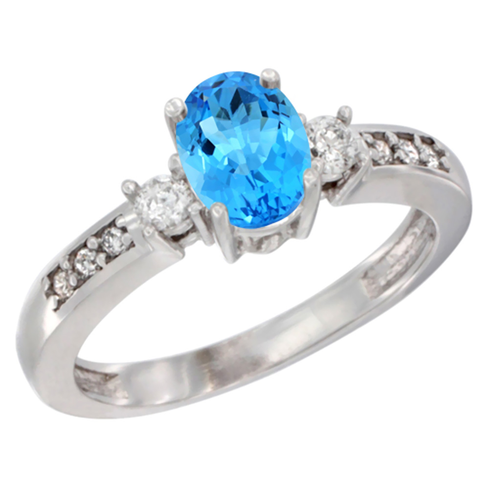 Sabrina Silver 14K White Gold Diamond Natural Swiss Blue Topaz Engagement Ring Oval 7x5 mm, sizes 5 - 10