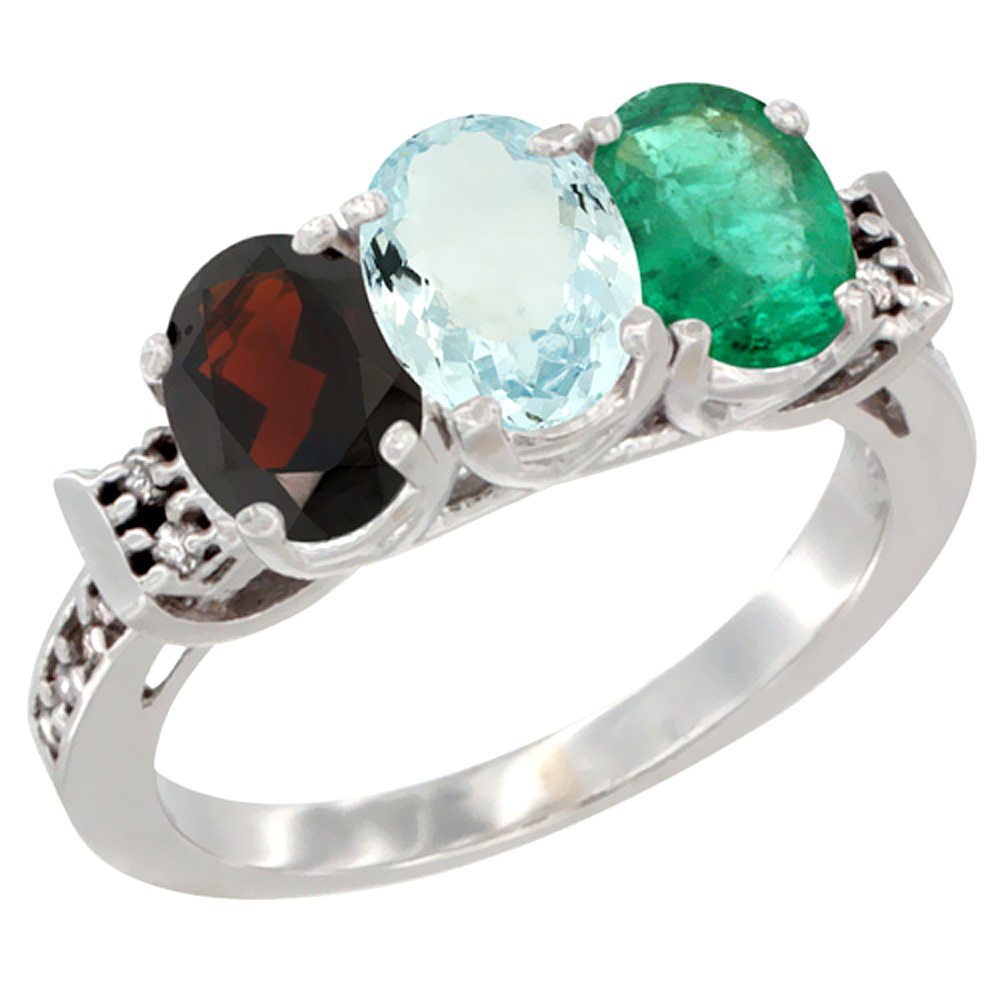 Sabrina Silver 14K White Gold Natural Garnet, Aquamarine & Emerald Ring 3-Stone 7x5 mm Oval Diamond Accent, sizes 5 - 10