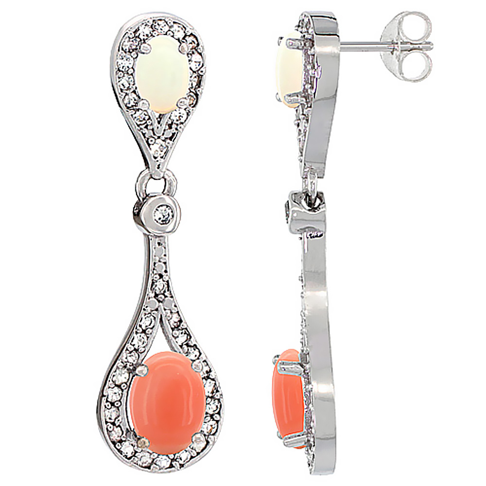 Sabrina Silver 14K White Gold Natural Coral & Opal Oval Dangling Earrings White Sapphire & Diamond Accents, 1 3/8 inches long