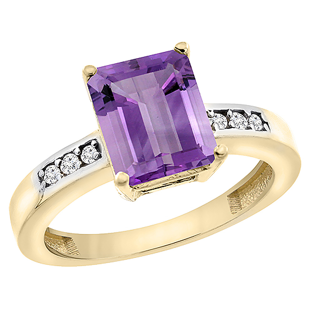 Sabrina Silver 14K Yellow Gold Natural Amethyst Octagon 9x7 mm with Diamond Accents, sizes 5 - 10