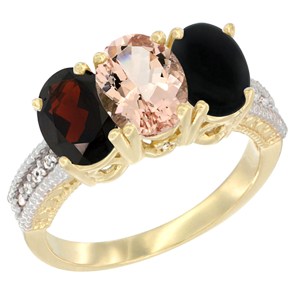 Sabrina Silver 14K Yellow Gold Natural Garnet, Morganite & Black Onyx Ring 3-Stone 7x5 mm Oval Diamond Accent, sizes 5 - 10