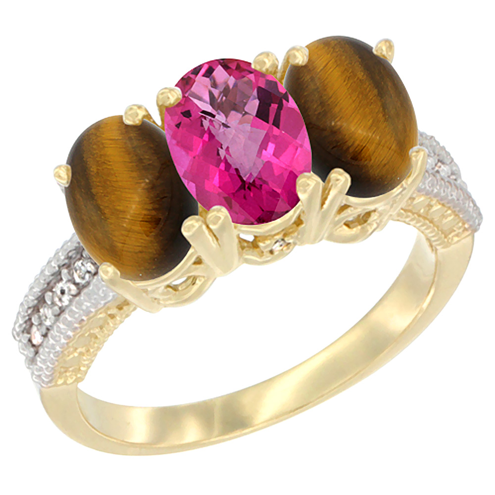 Sabrina Silver 14K Yellow Gold Natural Pink Topaz & Tiger Eye Sides Ring 3-Stone 7x5 mm Oval Diamond Accent, sizes 5 - 10