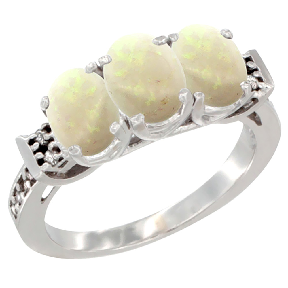 Sabrina Silver 10K White Gold Natural Opal Ring 3-Stone Oval 7x5 mm Diamond Accent, sizes 5 - 10