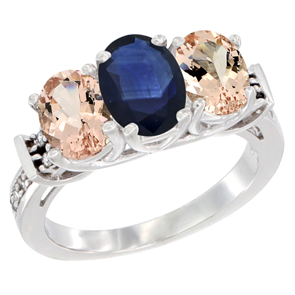Sabrina Silver 10K White Gold Natural Blue Sapphire & Morganite Sides Ring 3-Stone Oval Diamond Accent, sizes 5 - 10