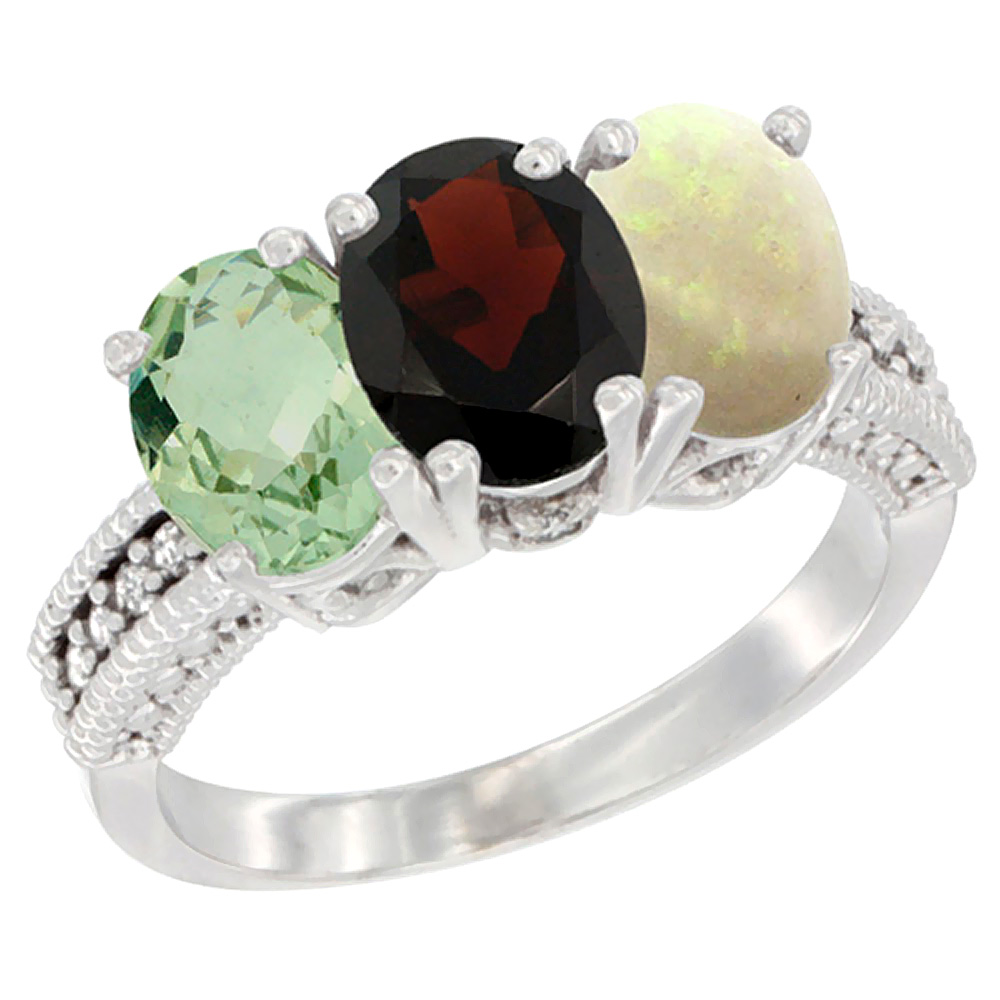 Sabrina Silver 14K White Gold Natural Green Amethyst, Garnet & Opal Ring 3-Stone 7x5 mm Oval Diamond Accent, sizes 5 - 10