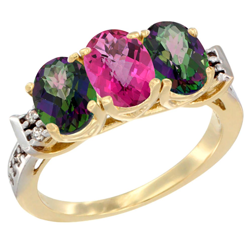 Sabrina Silver 10K Yellow Gold Natural Pink Topaz & Mystic Topaz Sides Ring 3-Stone Oval 7x5 mm Diamond Accent, sizes 5 - 10