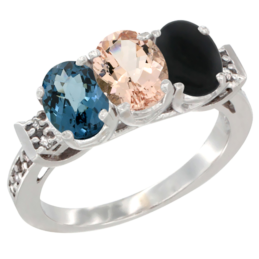 Sabrina Silver 10K White Gold Natural London Blue Topaz, Morganite & Black Onyx Ring 3-Stone Oval 7x5 mm Diamond Accent, sizes 5 - 10