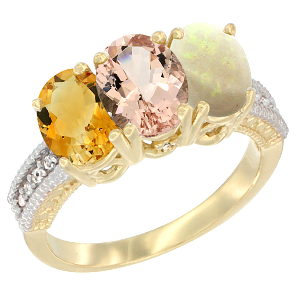 Sabrina Silver 10K Yellow Gold Diamond Natural Citrine, Morganite & Opal Ring 3-Stone 7x5 mm Oval, sizes 5 - 10